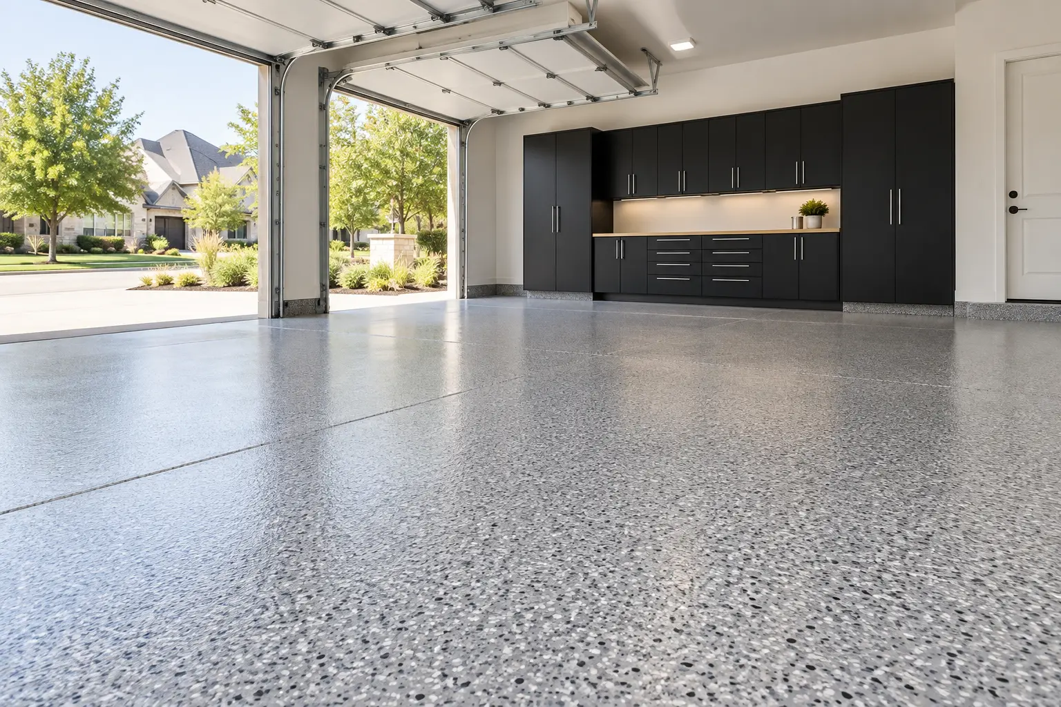 Bright Frisco-style garage with black cabinetry and a gray decorative flake floor